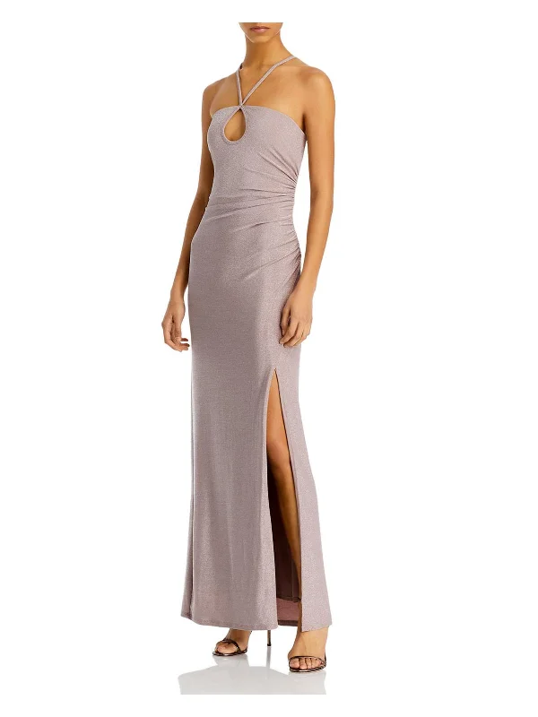 Bright Orange Party Dress for Fun Look -Womens Metallic Halter Evening Dress