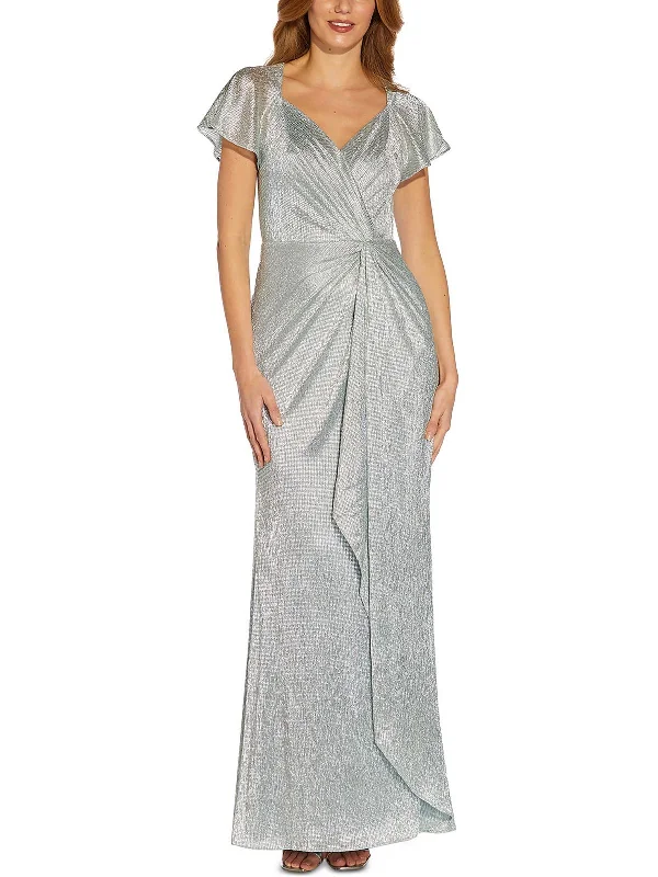 Short Sleeve Party Dress for Summer Gatherings -Womens Metallic Maxi Evening Dress