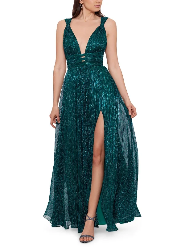 Back Tie Party Dress for Adjustable Fit -Womens Metallic Plunging Evening Dress