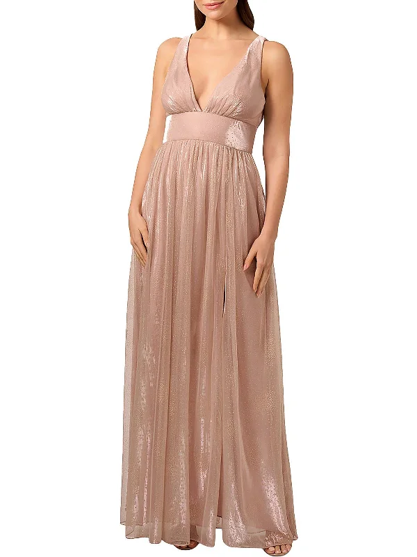 Lace Back Party Dress for Sexy Detail -Womens Metallic Plunging Neckline Evening Dress