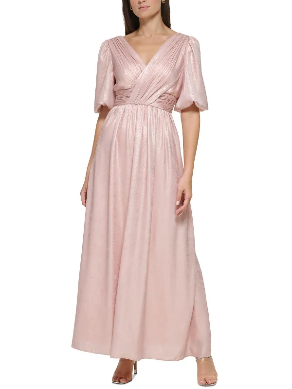 Back Tie Party Dress for Adjustable Fit -Womens Metallic Puff Sleeve Evening Dress