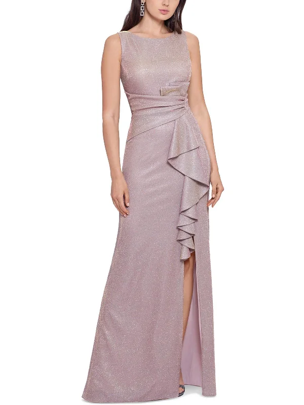 Stretch Fit Party Dress for Comfortable Night -Womens Metallic Split-Leg Evening Dress