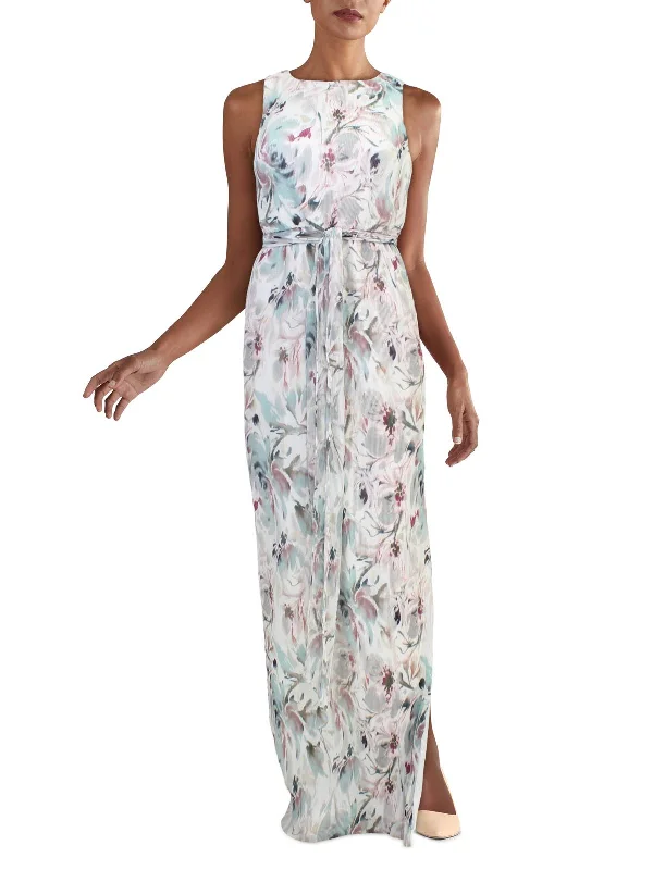 V-neck Satin Party Dress for Sleek Silhouette -Womens Pleated Floral Evening Dress