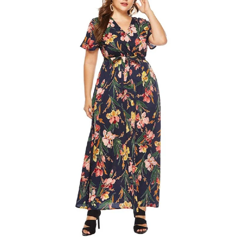 Bodycon Dress with Knotted Detail -Women's Plus Size V-Collar Short Sleeve Print Long Dress Floral Print Summer Beach Bodycon Maxi boho Dress Women Robe vestido