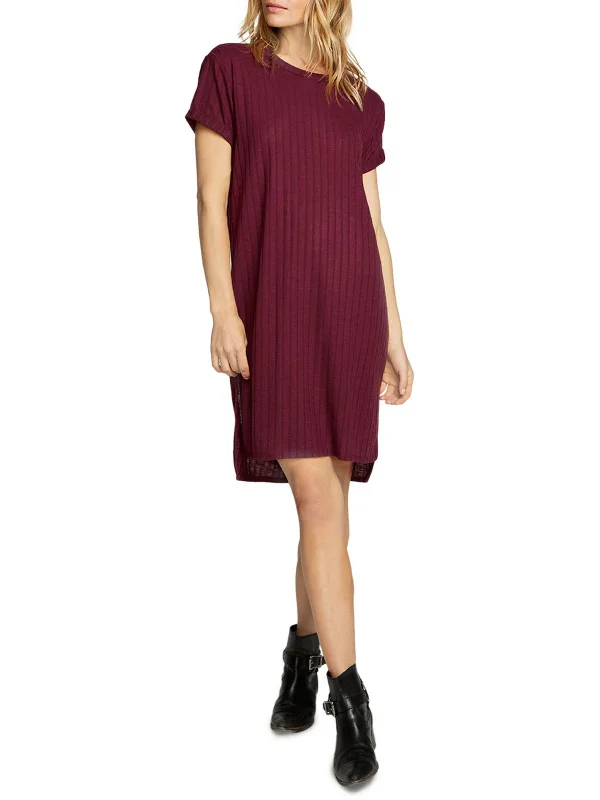 Women's Long Sleeve Shirt Dress-Womens Ribbed Knee T-Shirt Dress