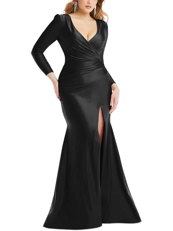 Sexy Plunge Neck Party Dress for Bold Look -Womens Ruched Long Sleeves Evening Dress