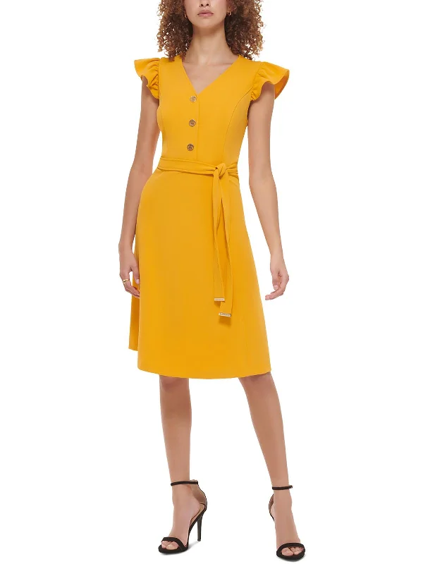 Trendy Button-up Shirt Dress-Womens Ruffle Sleeve Knee Shirtdress