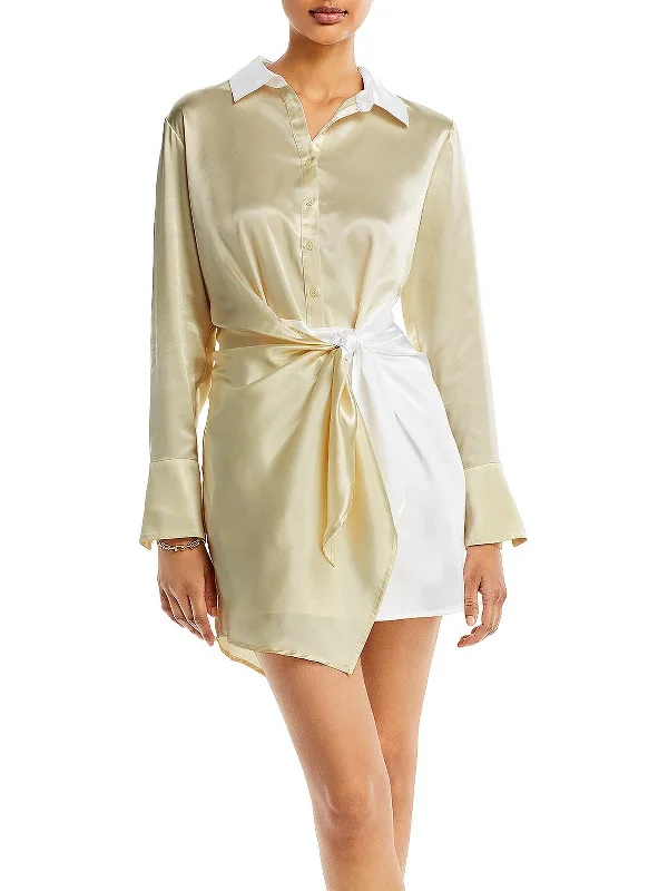 Button-up Relaxed Shirt Dress-Womens Satin Above Knee Shirtdress