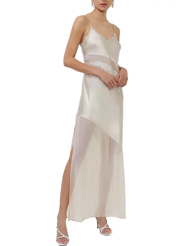 Long Slip Dress -Green Slip Dress -Womens Satin Mesh Slip Dress