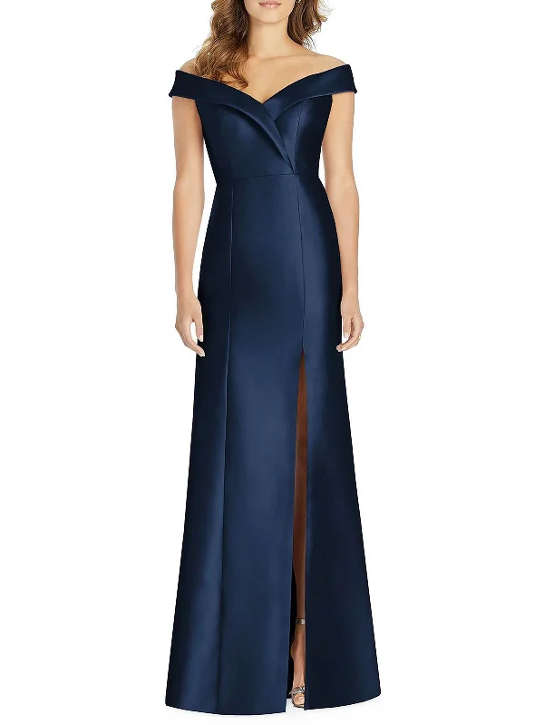 Blue Floral Party Dress for Spring Party -Womens Satin Off-The-Shoulder Evening Dress