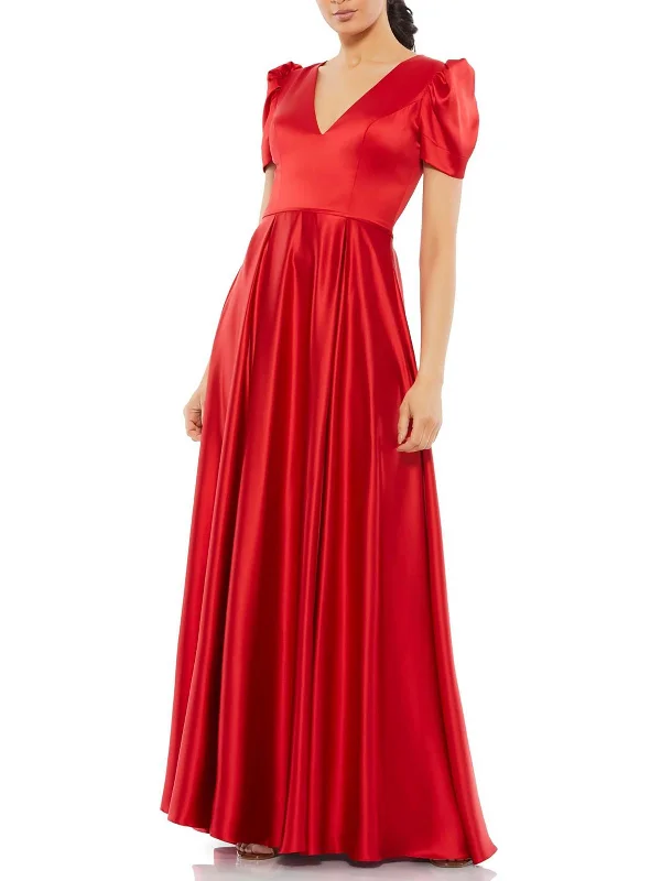 Double-Strap Party Dress for Trendy Appeal -Womens Satin Puff Sleeve Evening Dress
