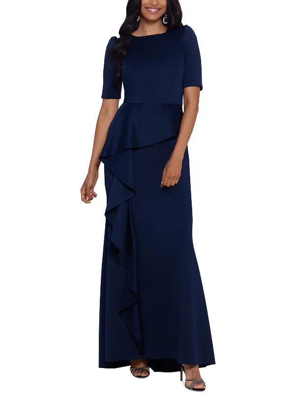 Button Detail Party Dress for Unique Touch -Womens Scooped Neck Cascade Ruffle Evening Dress