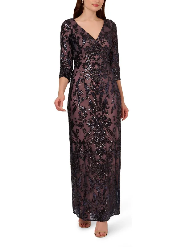 Mini Bodycon Party Dress with Mesh Detail -Womens Sequin 3/4 Sleeve Evening Dress