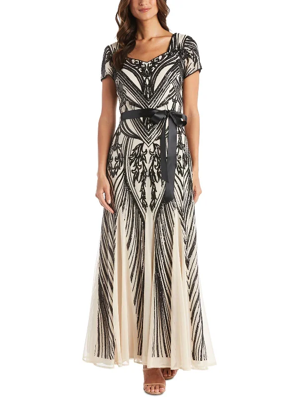 Plunging V-neck Party Dress for Sexy Feel -Womens Sequined Belted Evening Dress