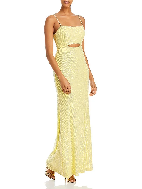 Yellow Sequin Party Dress for Festive Vibe -Womens Sequined Cut-Out Evening Dress