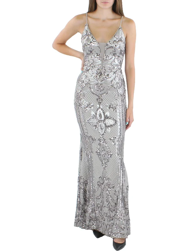 Metallic Silver Party Dress for Modern Elegance -Womens Sequined Illusion Evening Dress Metallic Silver Party Dress for Modern Elegance -Womens Sequined Illusion Evening Dress