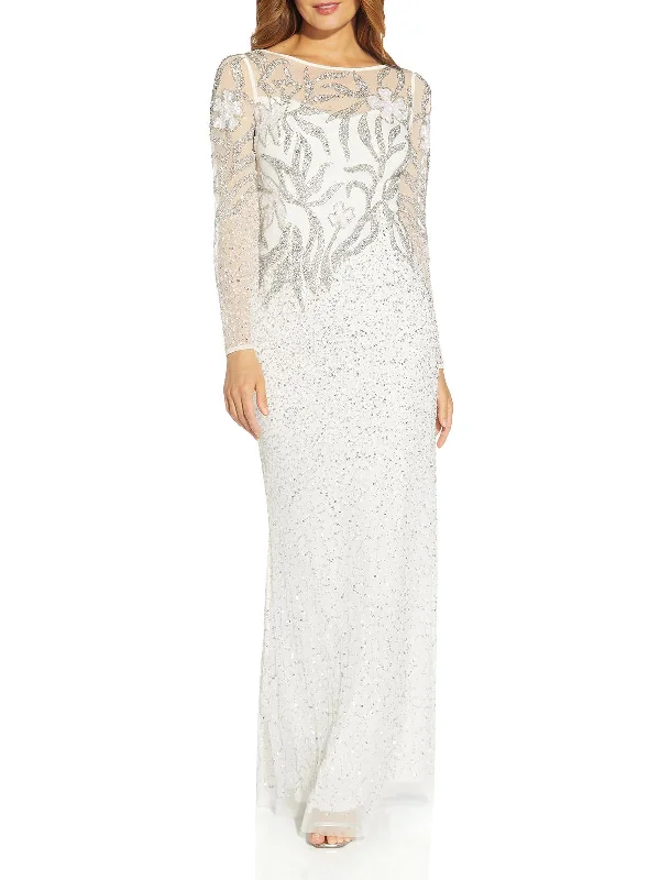 Floral Print Party Dress for Spring Events -Womens Sequined Illusion Formal Dress