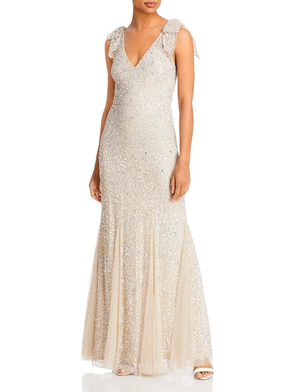 Red Floral Party Dress for Festive Event -Womens Sequined Maxi Evening Dress