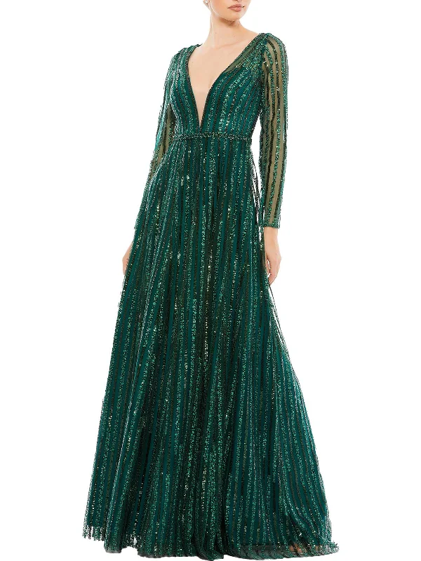 V-neck Silk Party Dress for Classic Look -Womens Sequined Maxi Evening Dress