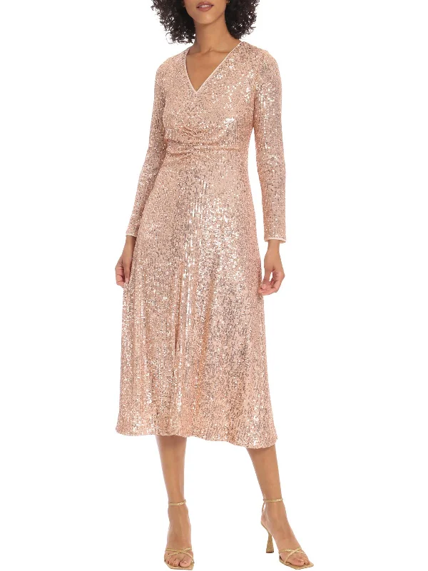 Soft Sheer Party Dress for Feminine Vibe -Womens Sequined Midi Cocktail and Party Dress