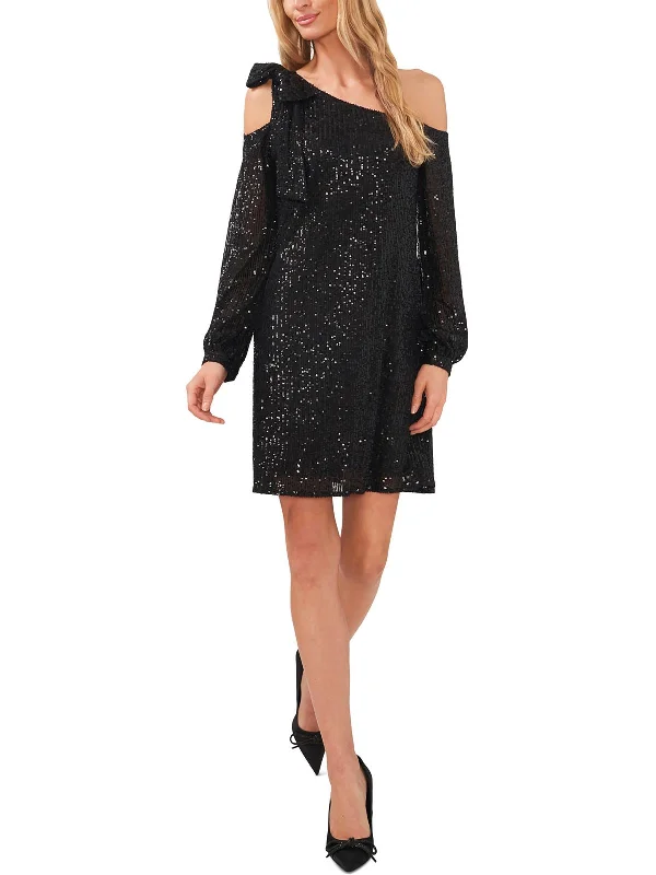 Mesh Insert Party Dress for Edgy Look -Womens Sequined One Shoulder Cocktail and Party Dress