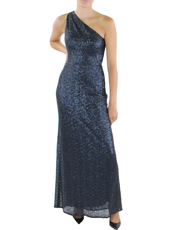 Metallic Blue Party Dress for Chic Night -Womens Sequined One Shoulder Evening Dress