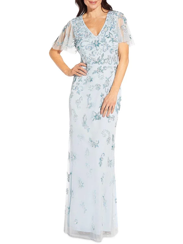 Tulle Overlay Party Dress for Voluminous Look -Womens Sheer Sequined V-Neck Evening Dress Tulle Overlay Party Dress for Voluminous Look -Womens Sheer Sequined V-Neck Evening Dress