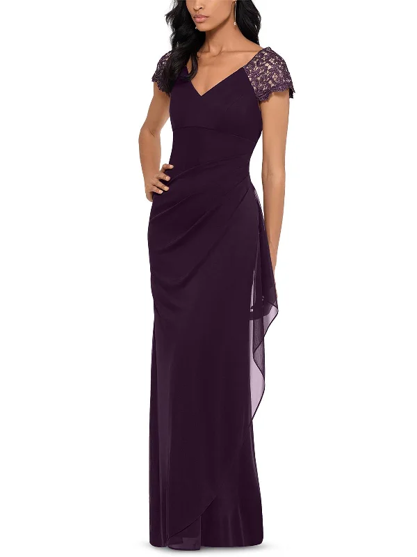 Red Satin Party Dress for Holiday Party -Womens Short Sleeve Long Evening Dress