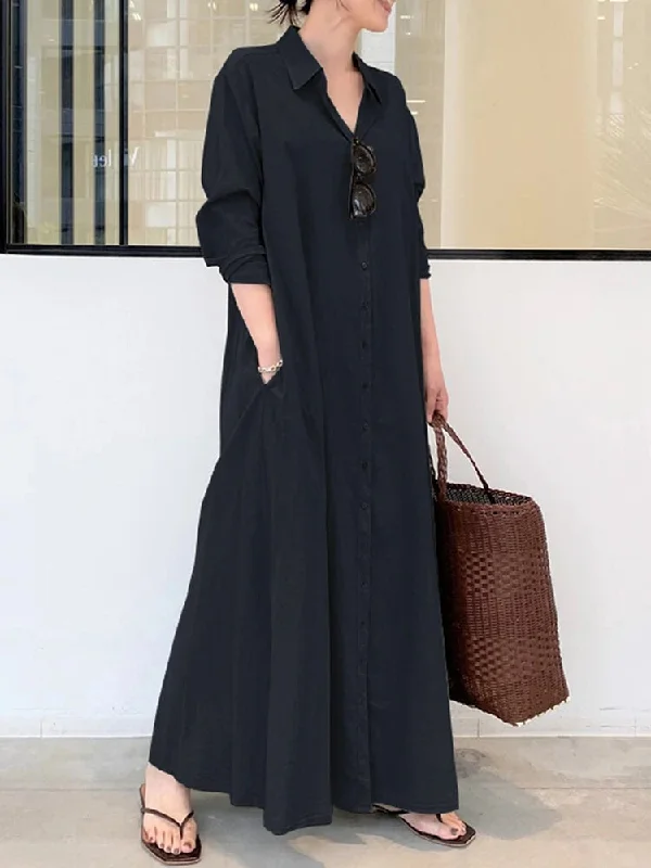 Women's Wool Shirt Dress-Women's Solid Color Pocket Button Long SLeeve Casual Shirt Dresses