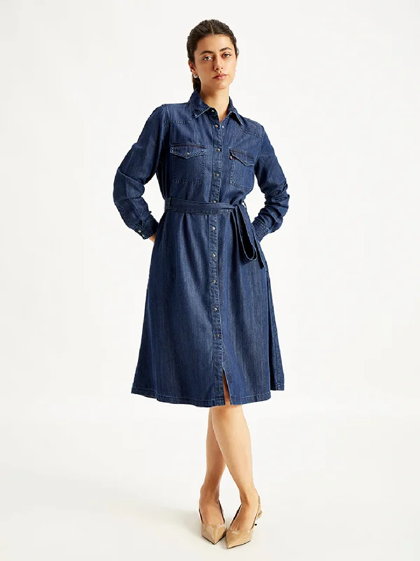 Women's Checkered Shirt Dress-Women's Solid Indigo Spread Collar Shirt Dress