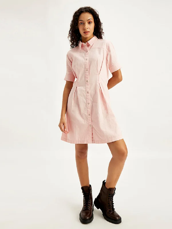Women's Stylish Shirt Dress-Women's Solid Light Pink Spread Collar Shirt Dress