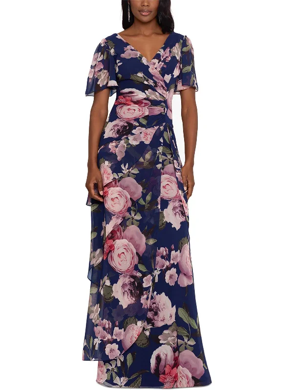 Women's Floral Skirt Maxi Dress-Womens Surplice Tiered Maxi Dress