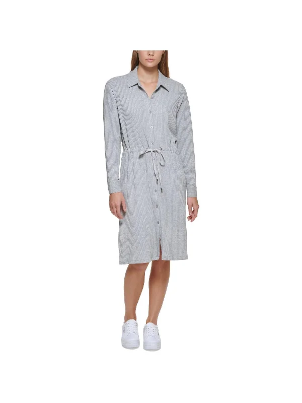 Women's Comfortable Plaid Shirt Dress-Womens Tie Waist Midi Shirtdress