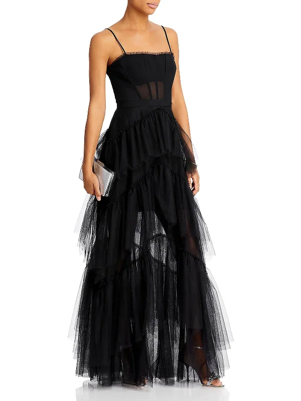 Tulle Overlay Party Dress for Voluminous Look -Womens Tiered Illusion Evening Dress