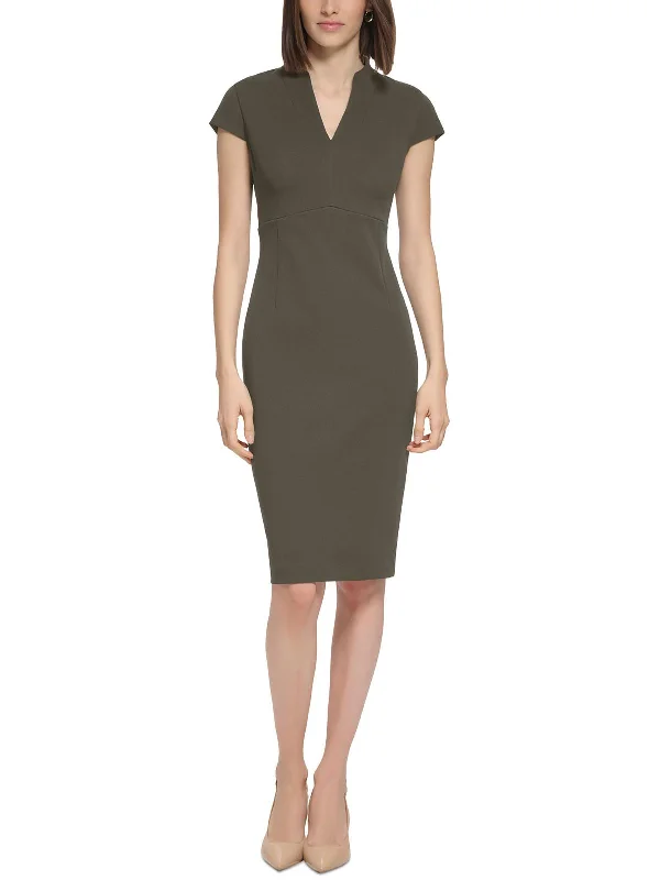 Bodycon Dress with Cap Sleeves -Womens V-Neck Knee-Length Sheath Dress