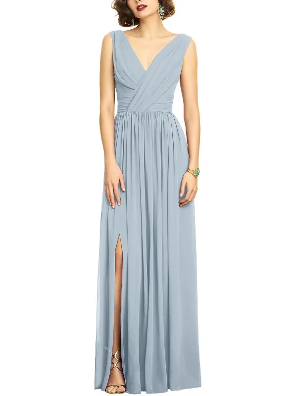 Chic Cold-Shoulder Party Dress for Evening Wear -Womens V-Neck Maxi Evening Dress