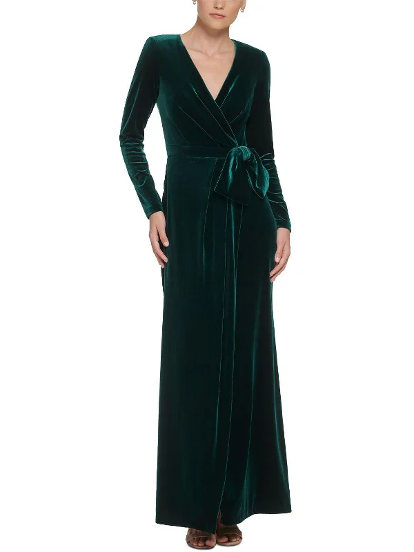 Floral Print Party Dress for Spring Events -Womens Velvet Faux Wrap Evening Dress