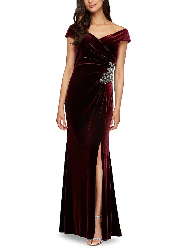 Pastel Pink Party Dress for Soft Look -Womens Velvet Off-The-Shoulder Evening Dress