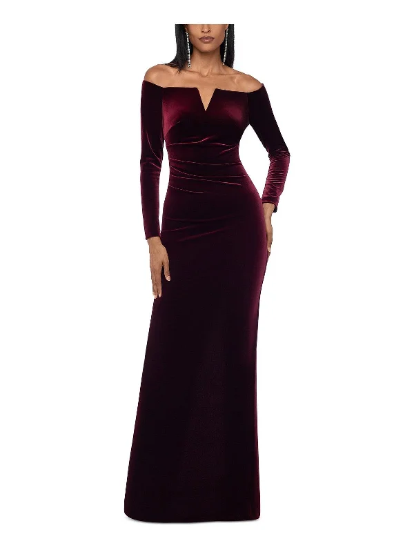 Women's Draped Sleeve Maxi Dress-Womens Velvet Off-The-Shoulder Maxi Dress