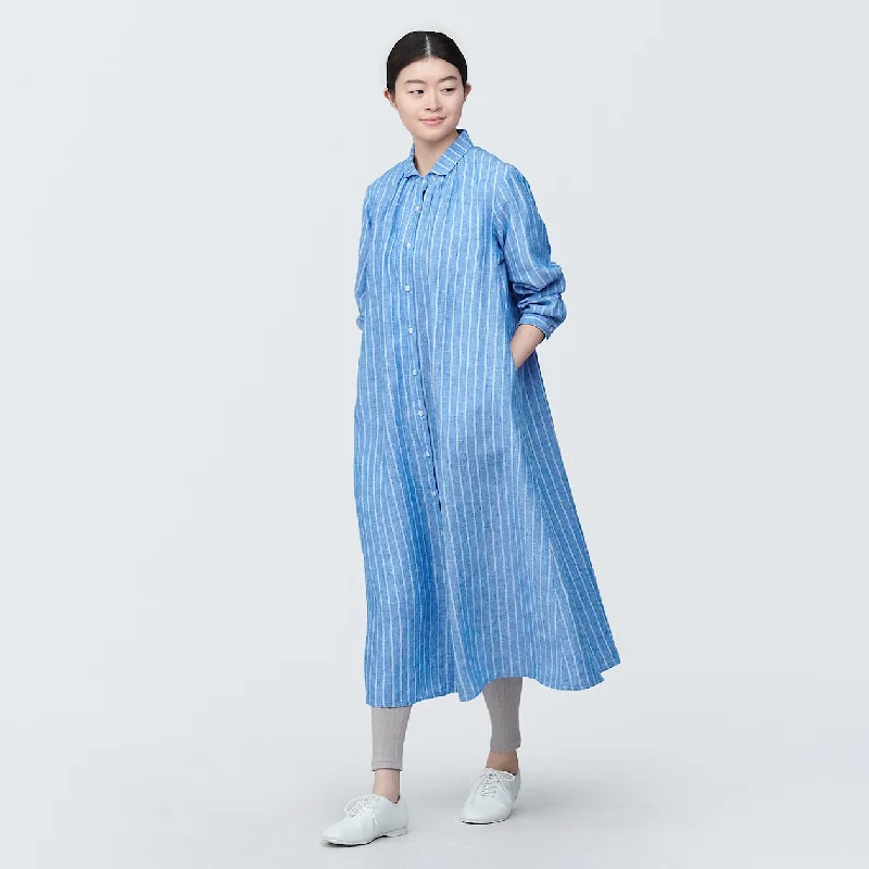 Fashionable Shirt Dress-Washed Linen Long Sleeve Shirt Dress