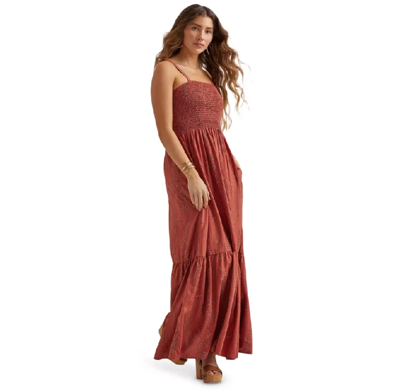 Women's Fitted Button-up Maxi Dress-Womens Retro Boot Stitch Print Smocked Maxi Dress - Paprika Women's Fitted Button-up Maxi Dress-Womens Retro Boot Stitch Print Smocked Maxi Dress - Paprika