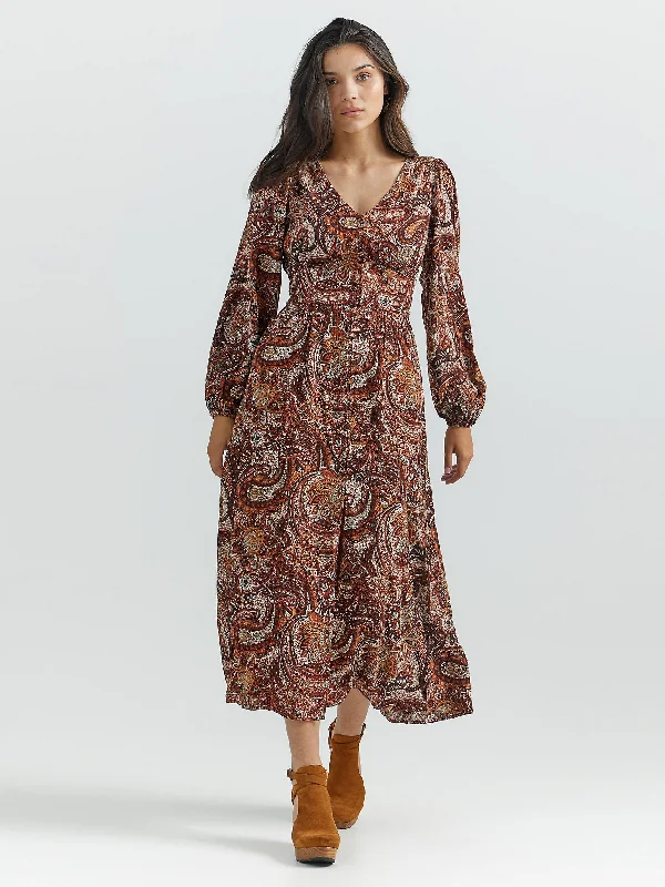 Women's A-line Pleated Sleeves Maxi Dress-Women's Paisley Button Front Maxi Dress Dress - Burgundy Women's A-line Pleated Sleeves Maxi Dress-Women's Paisley Button Front Maxi Dress Dress - Burgundy