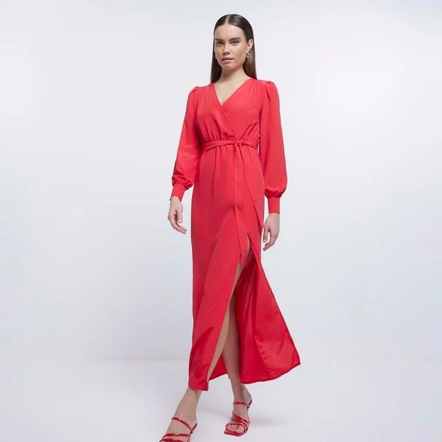 Wrap Dress with High Neckline -Women's Wrap Dress for Summer Beach -Wrap Dress Red Cara Midaxi Long Sleeve Wrap Dress with High Neckline -Women's Wrap Dress for Summer Beach -Wrap Dress Red Cara Midaxi Long Sleeve