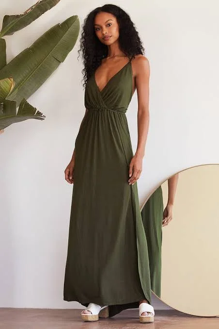 Women's Belted A-line Maxi Dress-Wrap Overlap Maxi Dress Olive