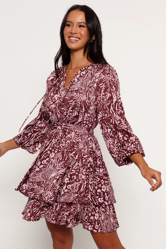 Women's Lace Tiered Mini Dress-Wrenley Long Sleeve Mini Dress - Chocolate/Pink