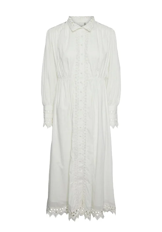 Stretchable Shirt Dress-Y.A.S Trima Broidery Maxi Shirt Dress, Star White