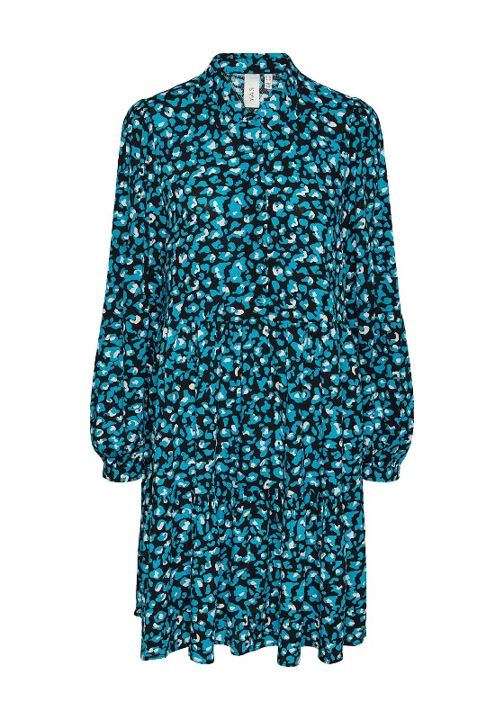 Linen Shirt Dress-Y.A.S Alira Tiered Midi Shirt Dress, Black & Blue
