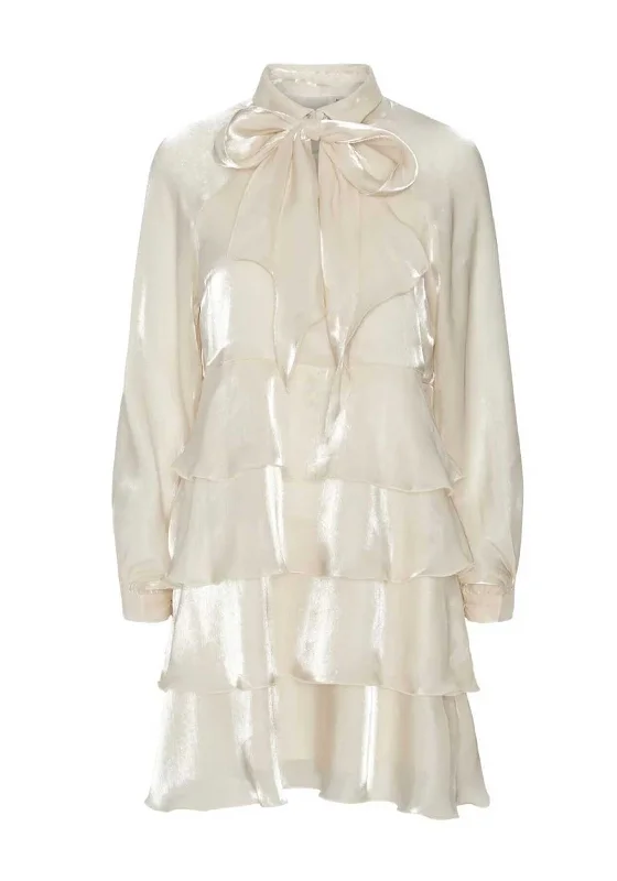 Dressy Button-up Shirt Dress-Y.A.S Elouise Shiny Tiered Shirt Dress, Pearled Ivory