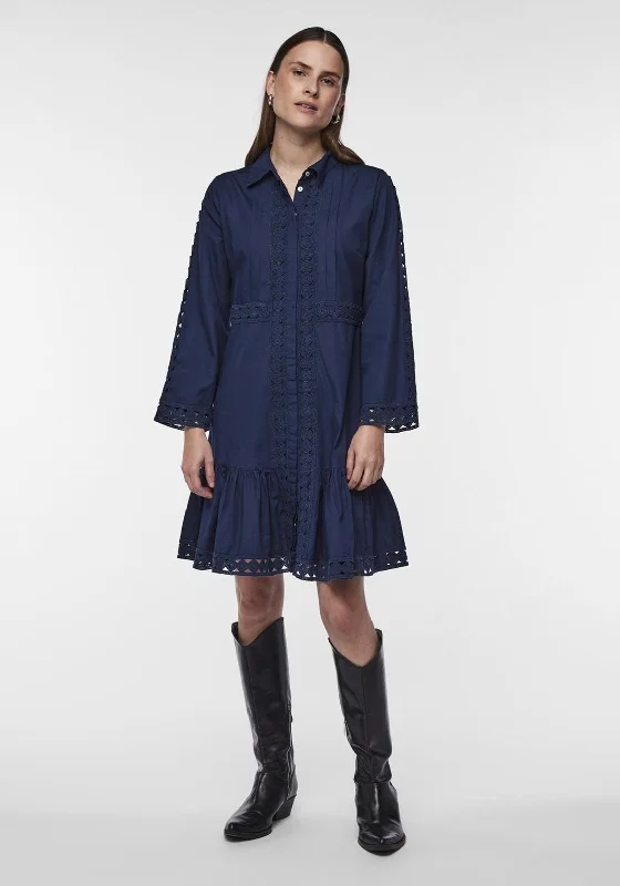 Summer-ready Shirt Dress-Y.A.S Janna Crochet Trim Mini Shirt Dress, Dark Blue
