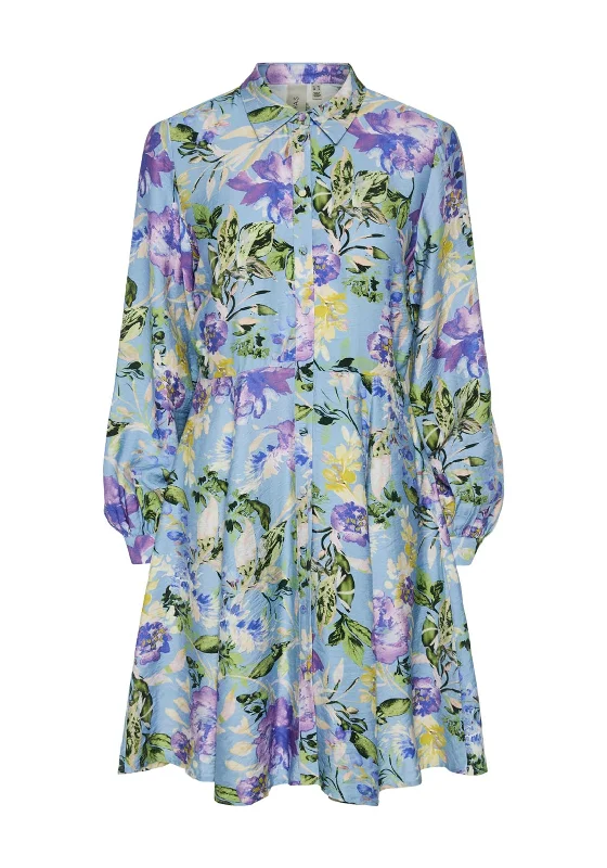 Simple Long Sleeve Shirt Dress-Y.A.S Kaya Floral Shirt Dress, Clear Sky